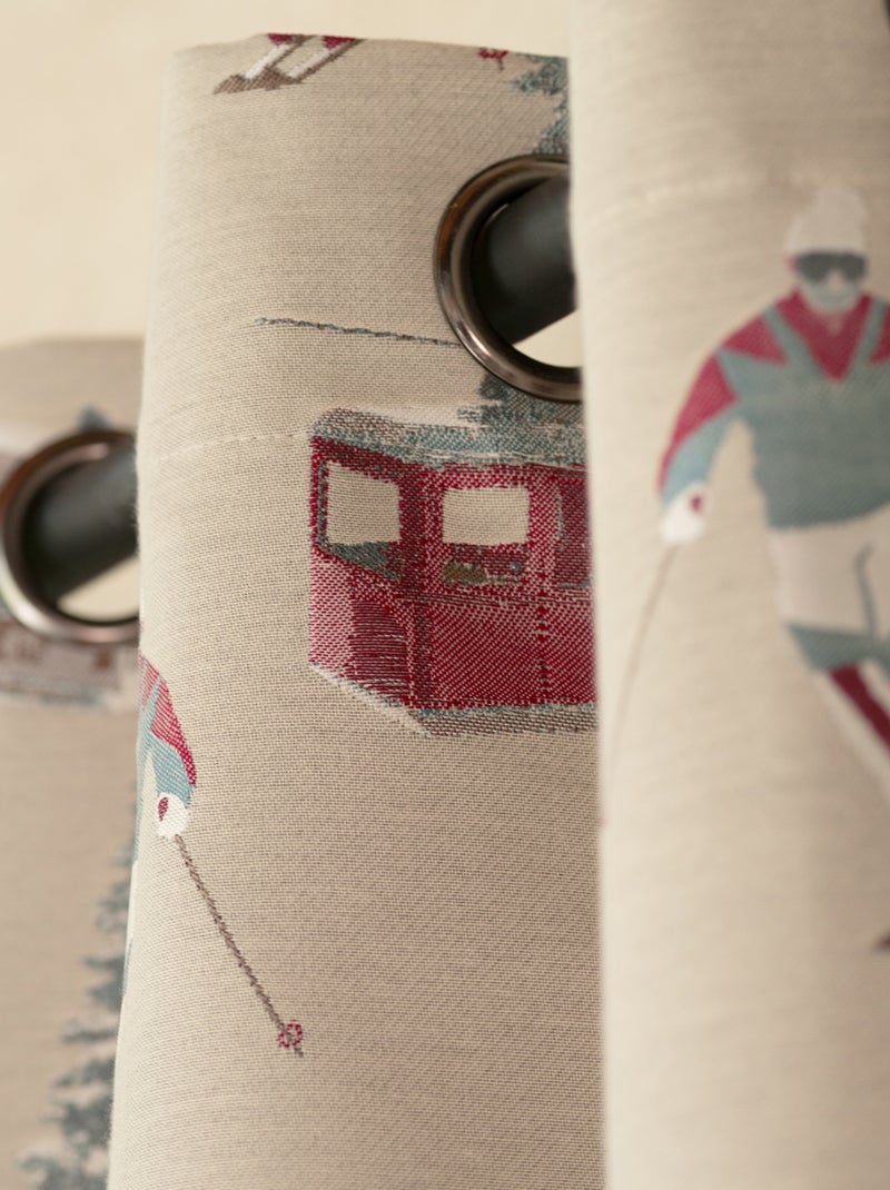 Cortina jacquard con ojales y motivos de esquiadores y abetos Beige claro - Kiabi