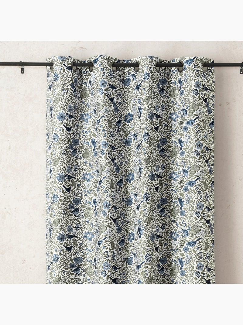 Cortina jacquard de policotón con motivos florales y pájaros, 8 ojales Azul - Kiabi