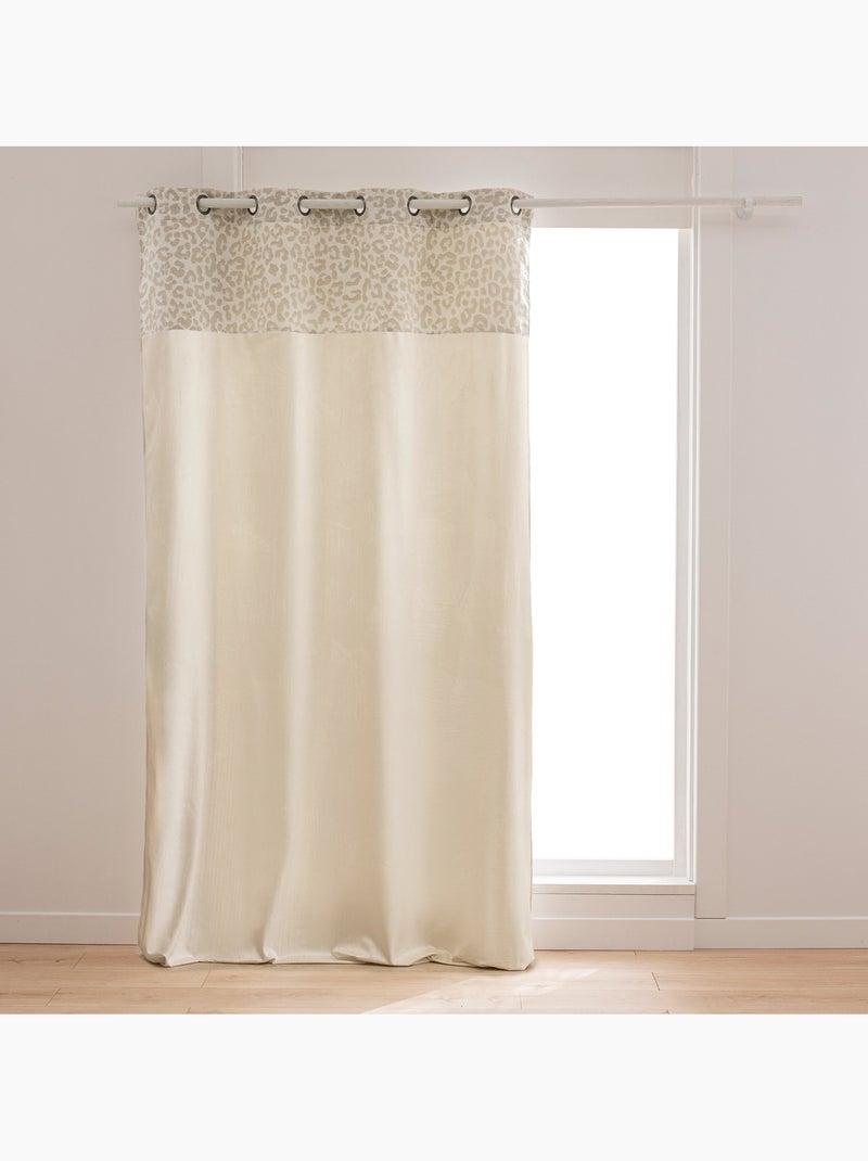 Cortina semitransparente de policotón con cenefa de jacquard de chenilla con estampado de leopardo Madera natural - Kiabi