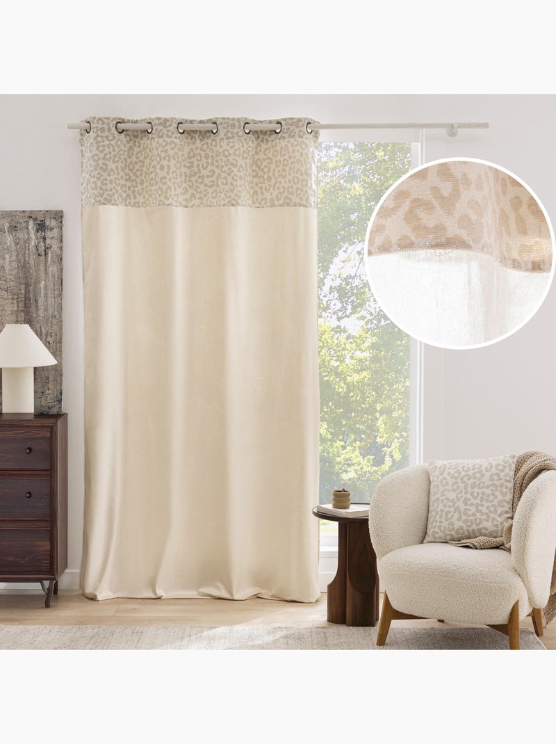 Cortina semitransparente de policotón con cenefa de jacquard de chenilla con estampado de leopardo Madera natural - Kiabi
