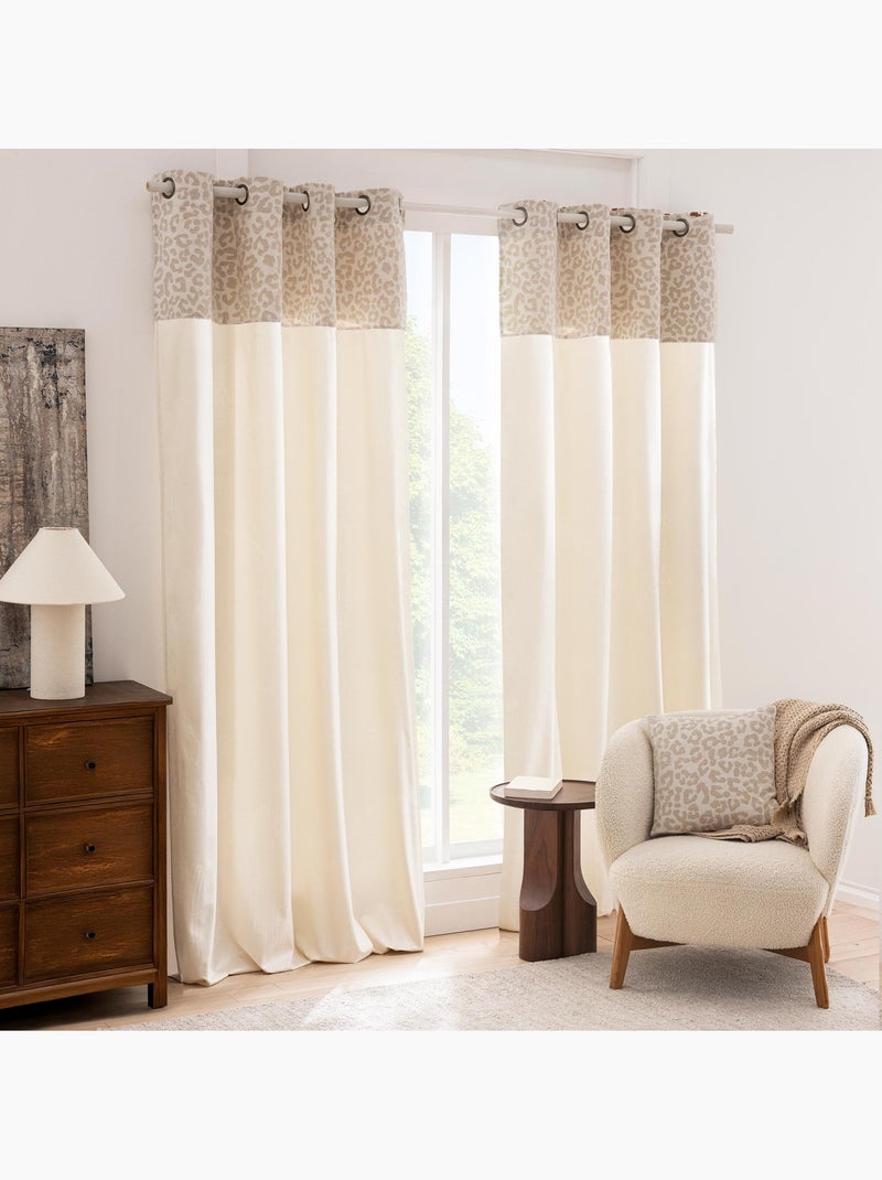 Cortina semitransparente de policotón con cenefa de jacquard de chenilla con estampado de leopardo Madera natural - Kiabi