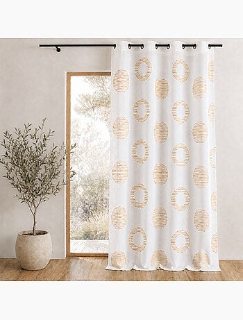 Cortina transparente bordada con motivos redondos y círculos a rayas
