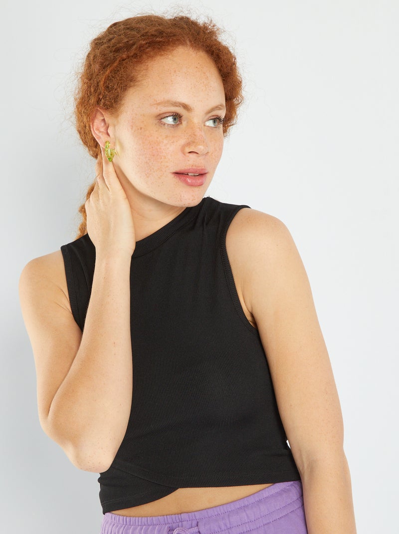 Crop top de canalé efecto cruzado Negro - Kiabi