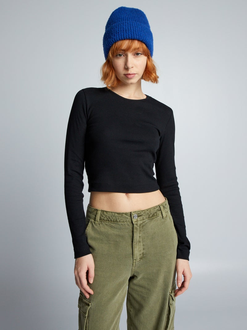 Crop top de canalé liso negro - Kiabi