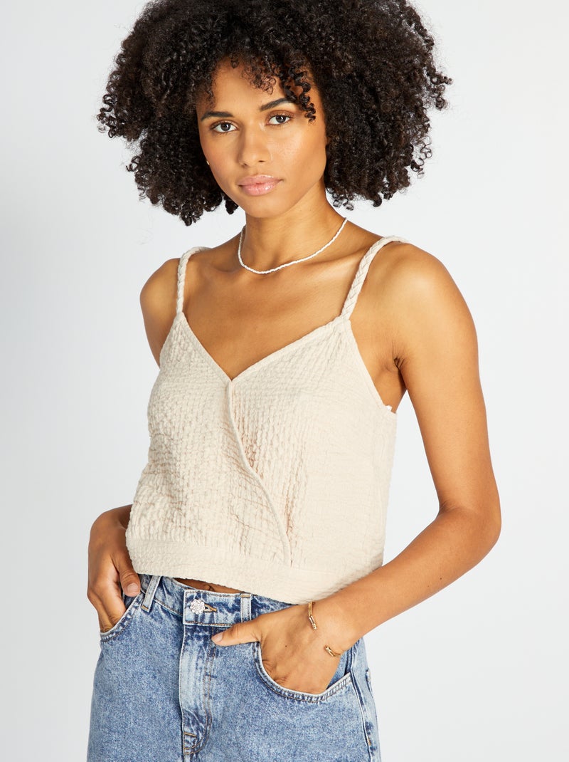 Crop top de gasa de algodón con tirantes trenzados BEIGE - Kiabi
