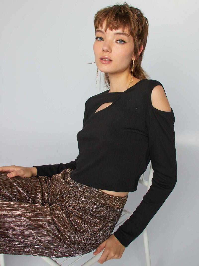 Crop top de manga larga con aberturas negro - Kiabi