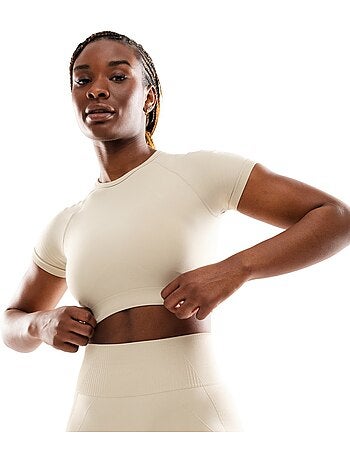 Crop top deportivo sin costuras manga corta mujer fitness mujer steam
