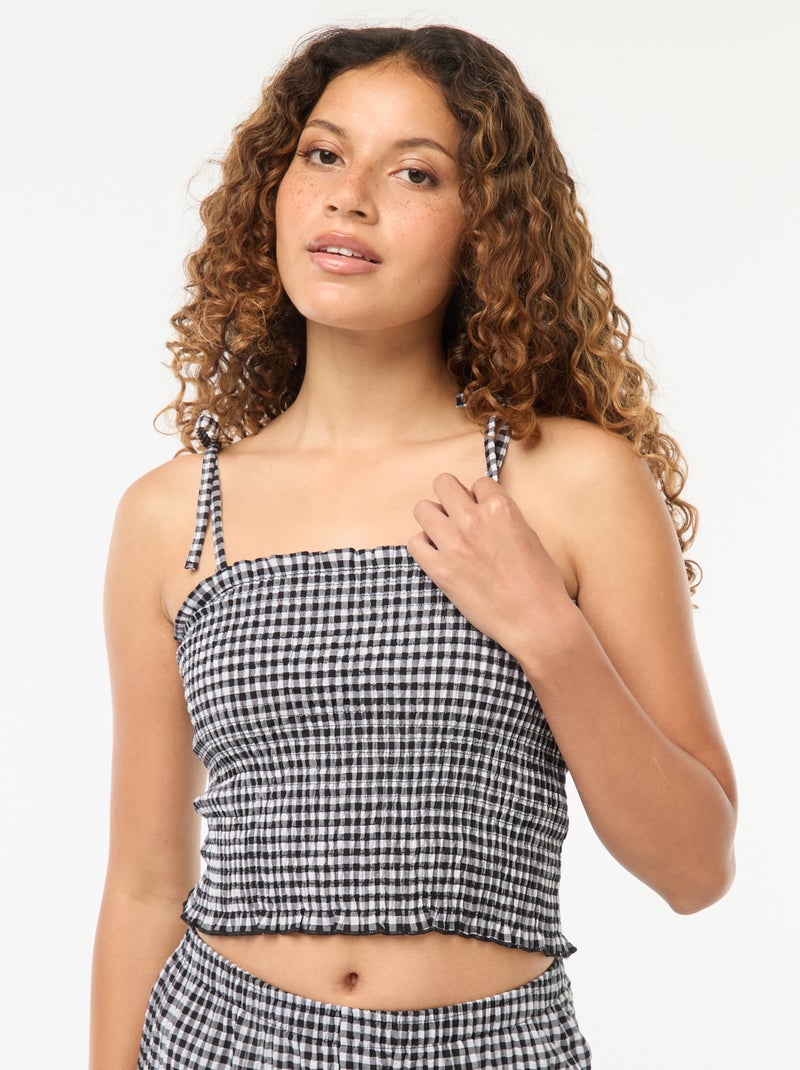 Crop top fruncido con cuadros de vichy Negro - Kiabi
