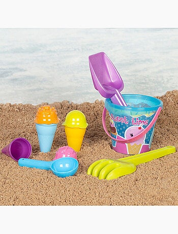 Cubo de playa con accesorios y cangrejo color beach