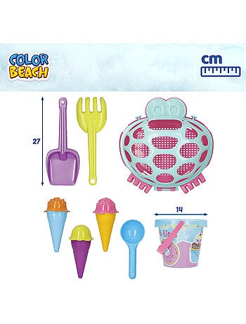 Cubo de playa con accesorios y cangrejo color beach
