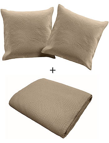Cubrecama acolchado + 2 fundas de cojín de microfibra lisa romane