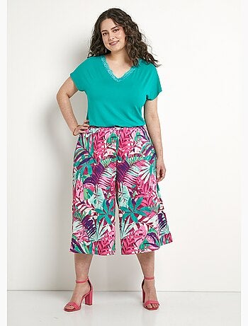 Culotte con cintura elástica y estampado tropical - Afibel