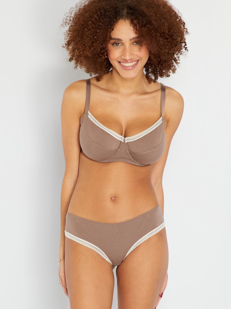 Culotte de algodón con galones de encaje MARRON - Kiabi