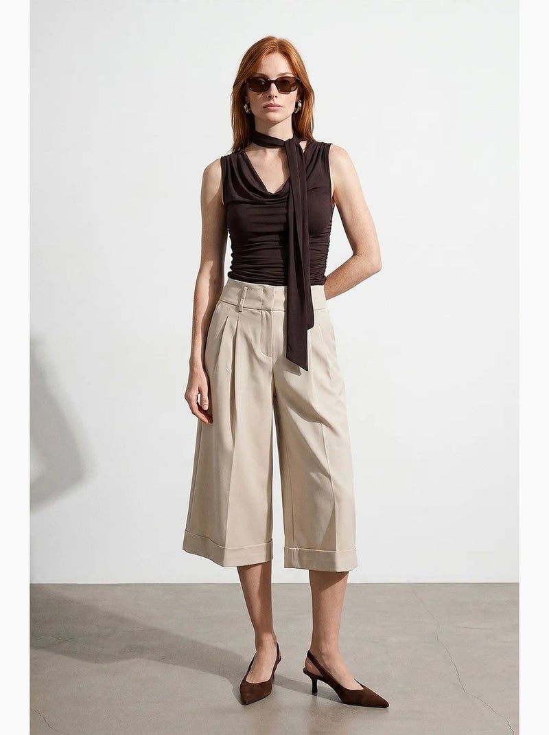 Culotte pantalón tiro alto crepé dilvin Beige arcilla - Kiabi