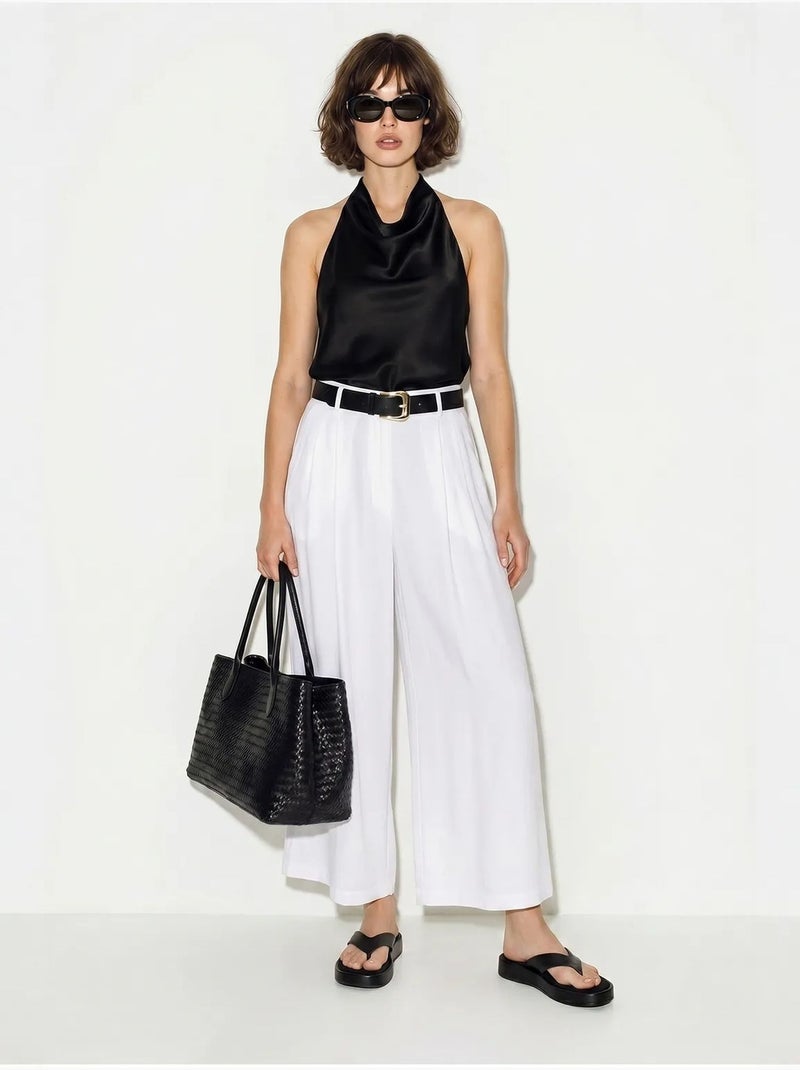 Culottes plisados de tiro alto y pernera ancha lucci Blanco - Kiabi