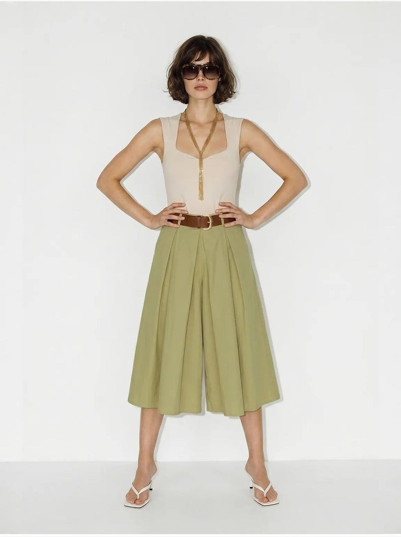 Culottes plisados de tiro alto y pernera ancha lucci Caqui - Kiabi