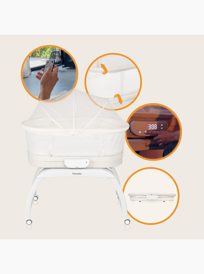 Cuna Colecho y Cama LIONELO Coral - Cuna hasta 9 kg - Ruedas - 5 velocidades - Mando a distancia Blanco - Kiabi