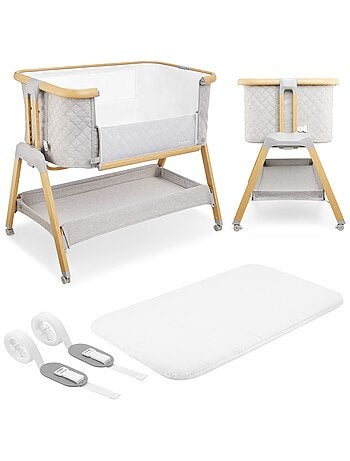 Cuna de viaje 3 en 1 con colecho, altura regulable y colchón 3 cm, gris y madera