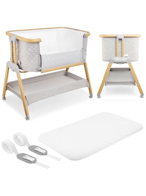 Cuna de viaje 3 en 1 con colecho, altura regulable y colchón 3 cm, gris y madera - Kiabi