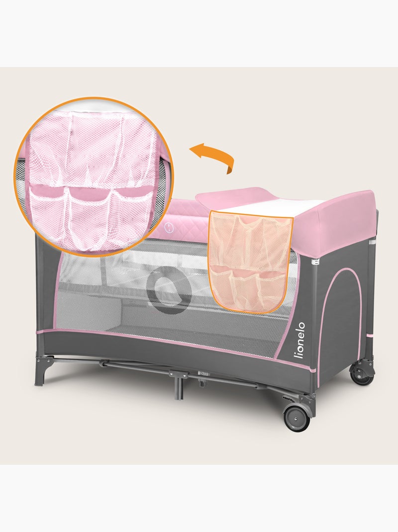 Cuna de viaje 3 en 1 LIONELO Flower - Parque infantil - 0-36 meses - Plegado rápido - Ruedas Blanco Rosa Gris - Kiabi