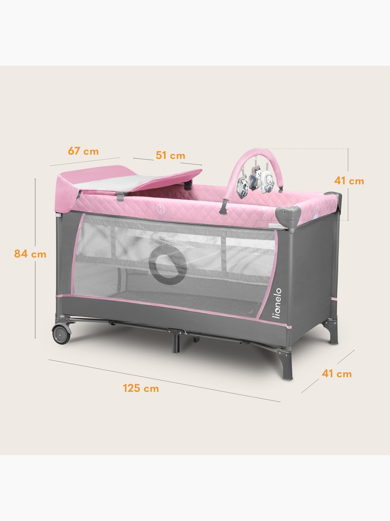 Cuna de viaje 3 en 1 LIONELO Flower - Parque infantil - 0-36 meses - Plegado rápido - Ruedas Blanco Rosa Gris - Kiabi