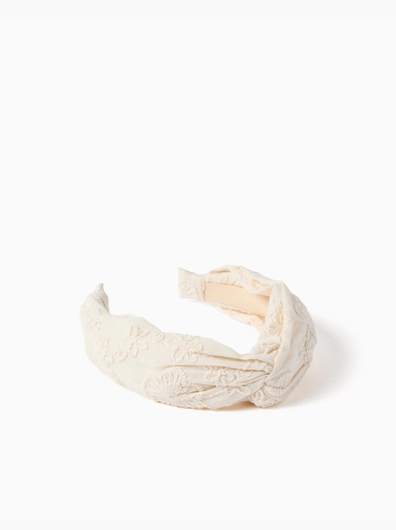 Diadema de algodón con bordado y nudo Blanco - Kiabi
