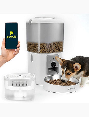 Dispensador automático de croquetas 2 en 1 PELUVIO Feast - Fuente de agua - Cámara - Wi-Fi - 10/día