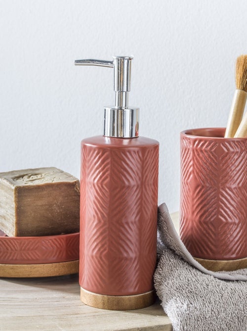 Dispensador de jabón de cerámica con relieve y detalle de madera – TERRA – Guy Levasseur - Kiabi