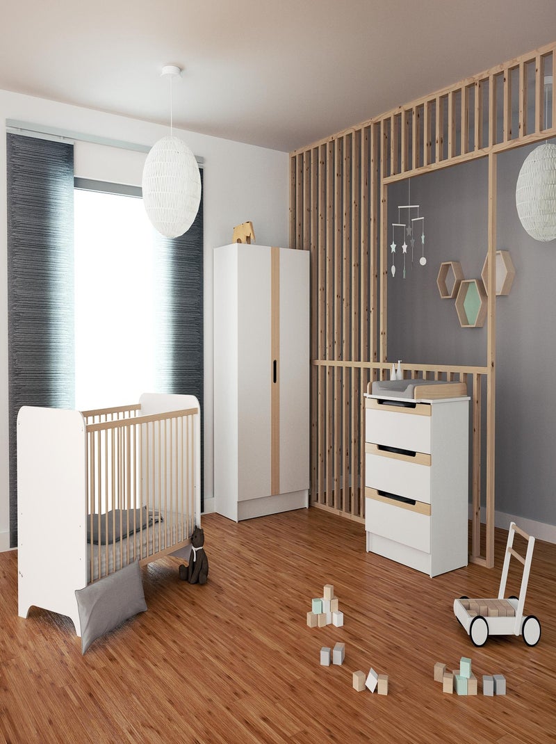 Dormitorio bebé con cuna, cambiador y armario CARROUSEL madera Beige/Blanco - Kiabi