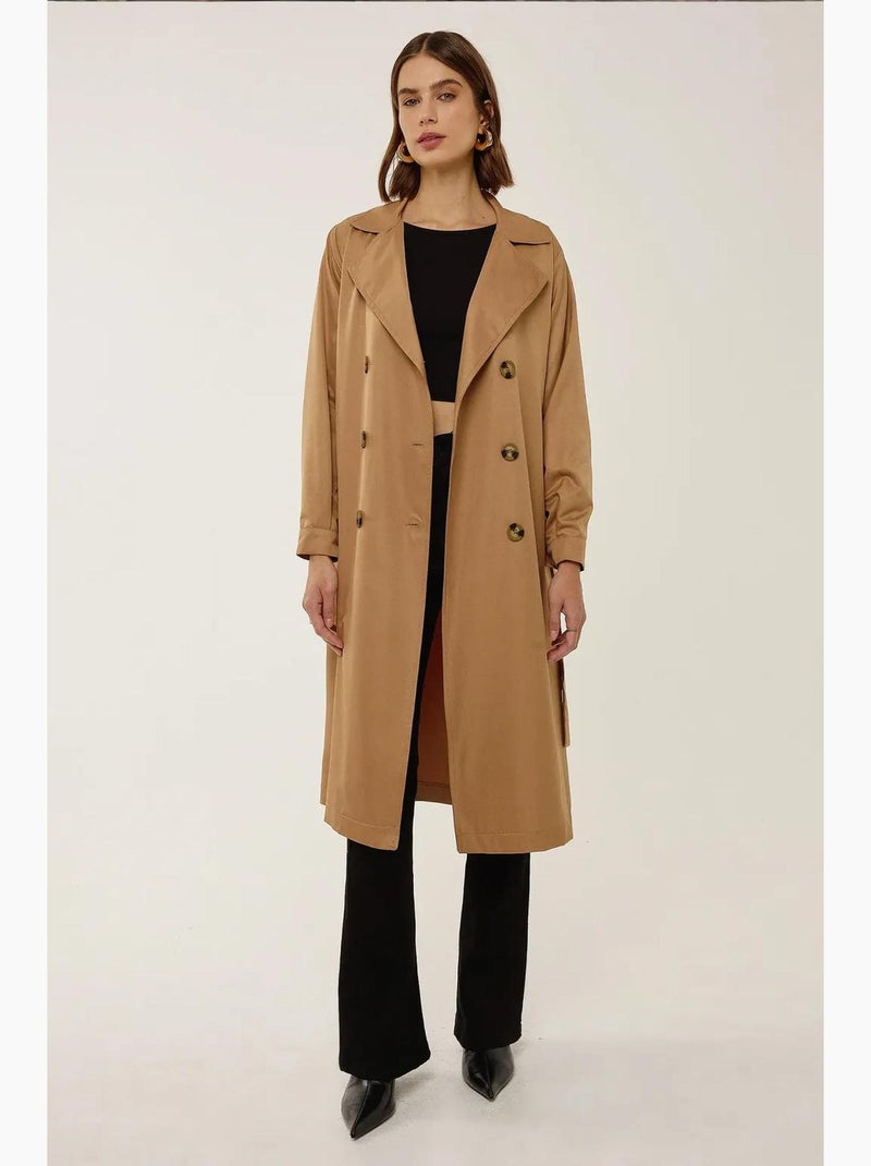 Double-Breasted Belted Long Trench Coat Camel - Kiabi