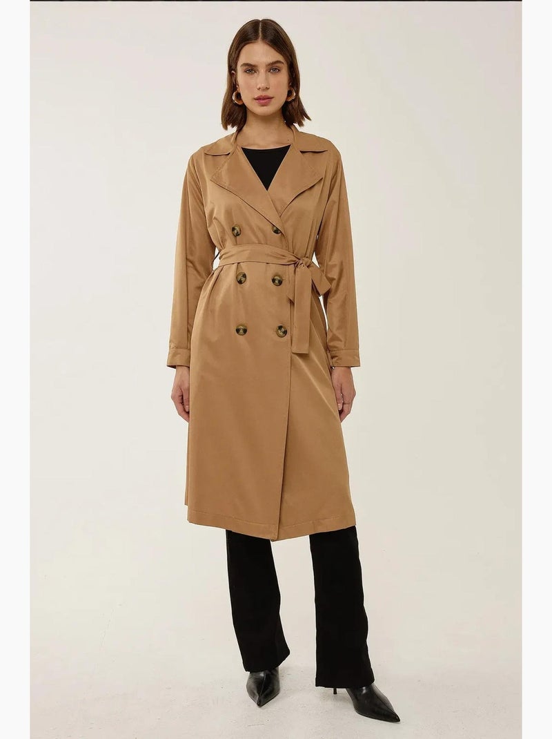 Double-Breasted Belted Long Trench Coat Camel - Kiabi