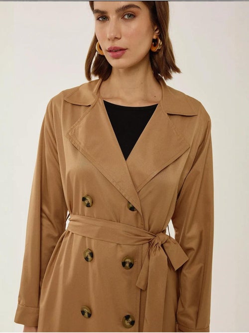 Double-Breasted Belted Long Trench Coat - Kiabi Double-Breasted Belted Long Trench Coat - Kiabi