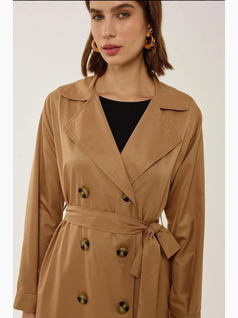 Double-Breasted Belted Long Trench Coat Camel - Kiabi