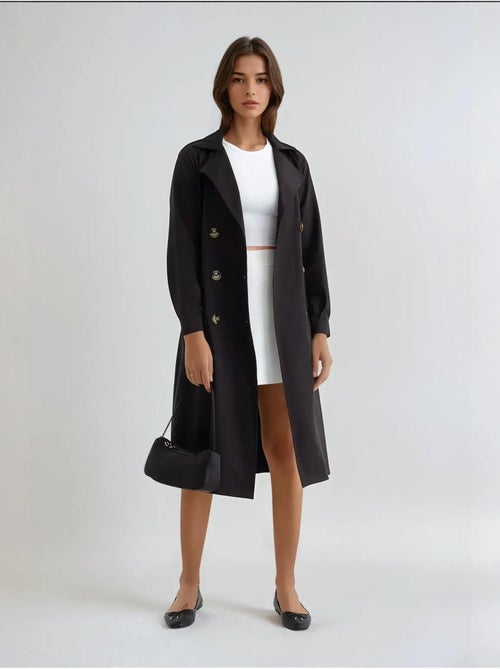 Double-Breasted Belted Long Trench Coat - Kiabi Double-Breasted Belted Long Trench Coat - Kiabi