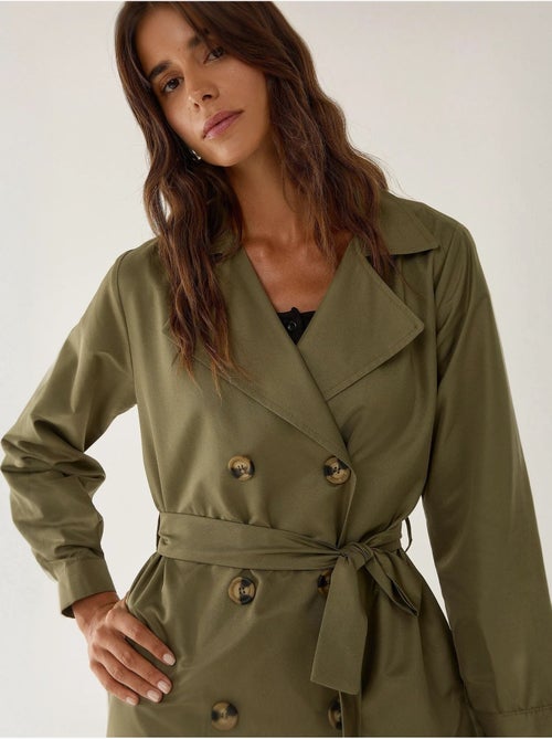 Double-Breasted Belted Long Trench Coat - Kiabi Double-Breasted Belted Long Trench Coat - Kiabi