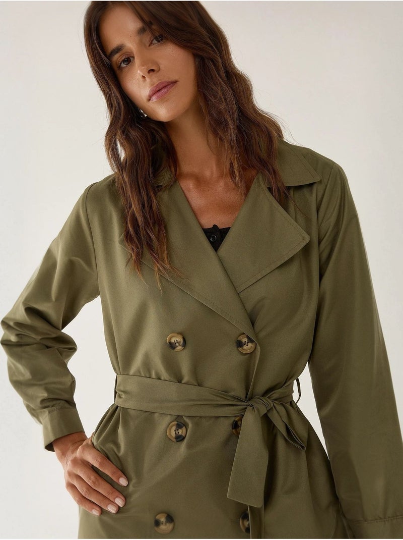 Double-Breasted Belted Long Trench Coat Verde caqui - Kiabi