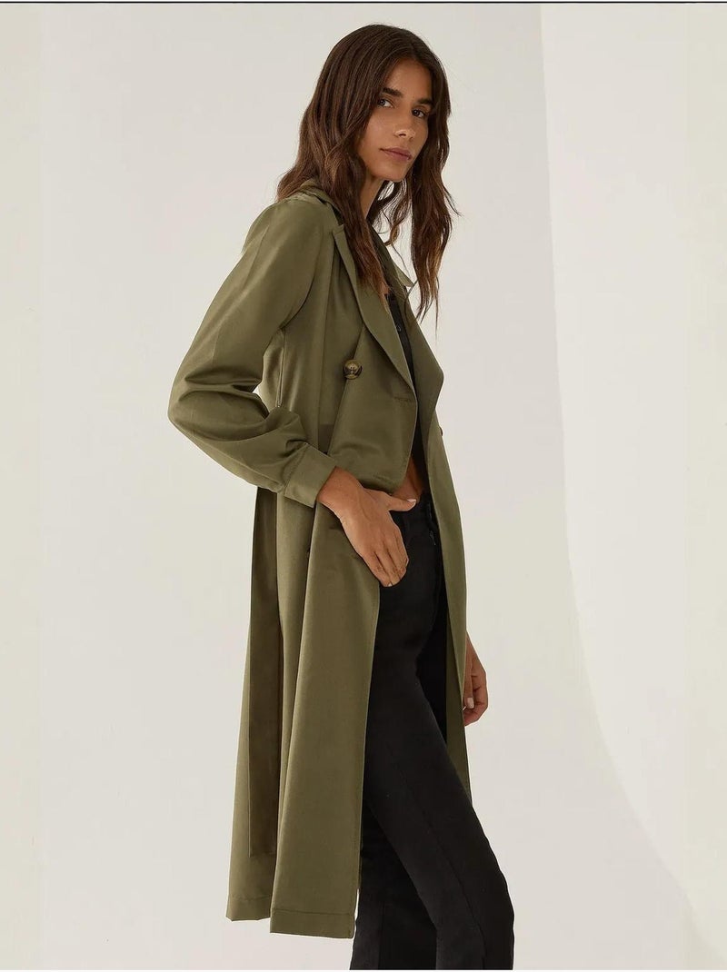 Double-Breasted Belted Long Trench Coat Verde caqui - Kiabi