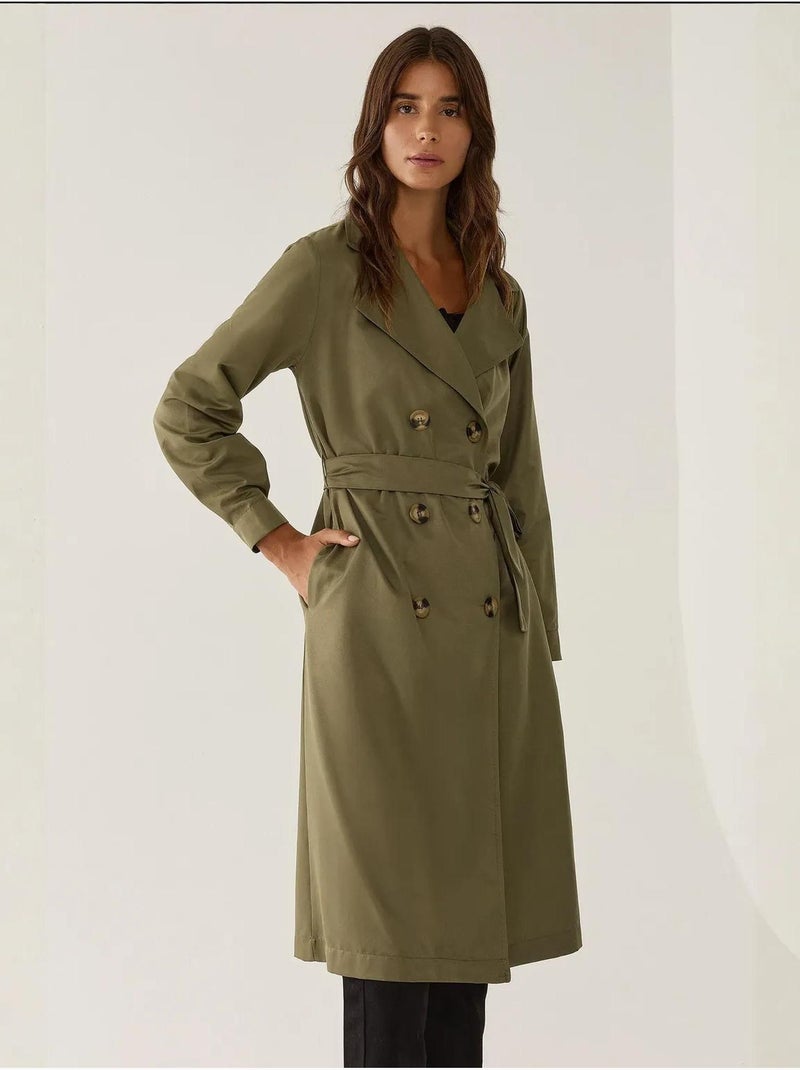 Double-Breasted Belted Long Trench Coat Verde caqui - Kiabi