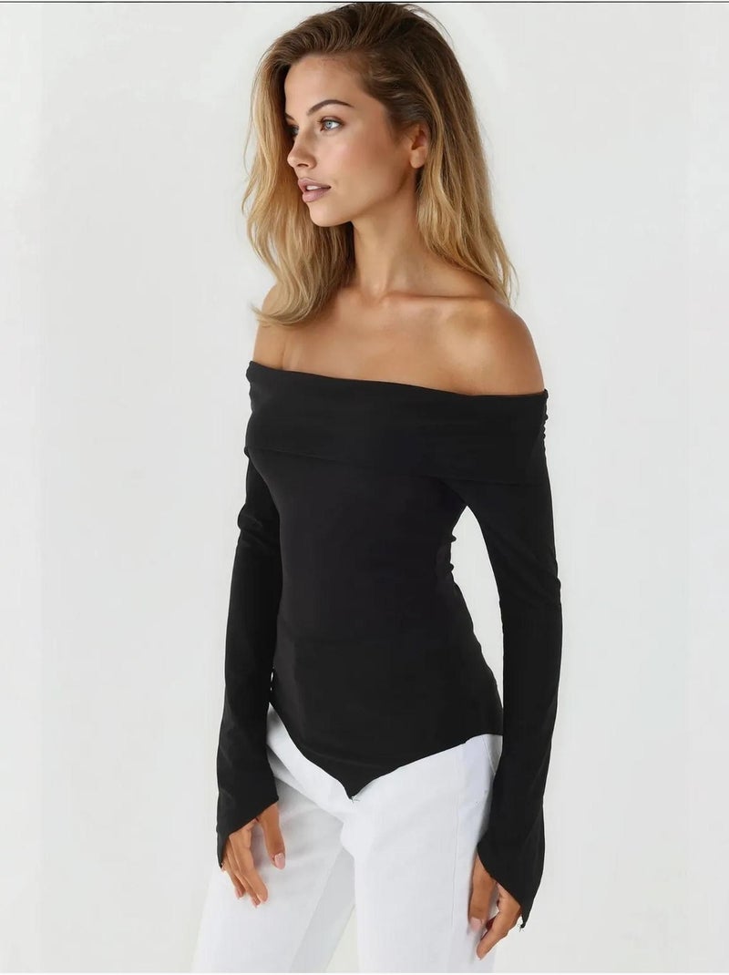 Elegante top ajustado de manga larga con cuello barco hiccup Negro - Kiabi