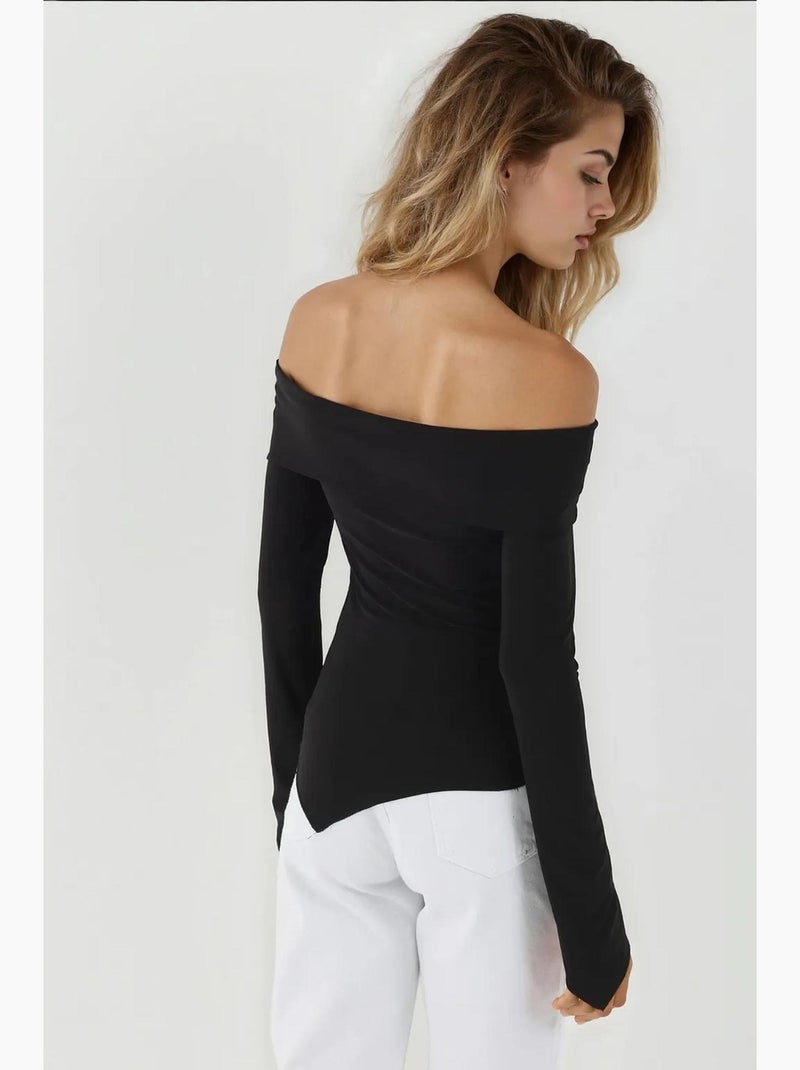 Elegante top ajustado de manga larga con cuello barco hiccup Negro - Kiabi