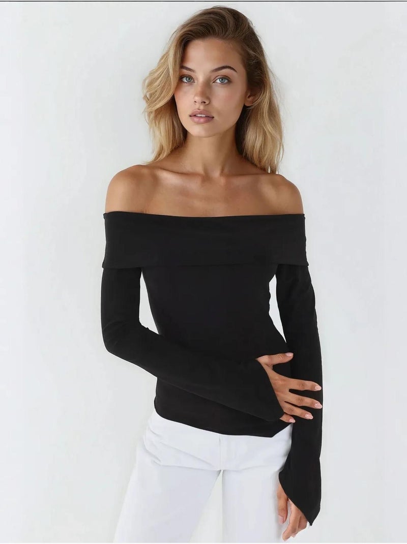 Elegante top ajustado de manga larga con cuello barco hiccup Negro - Kiabi