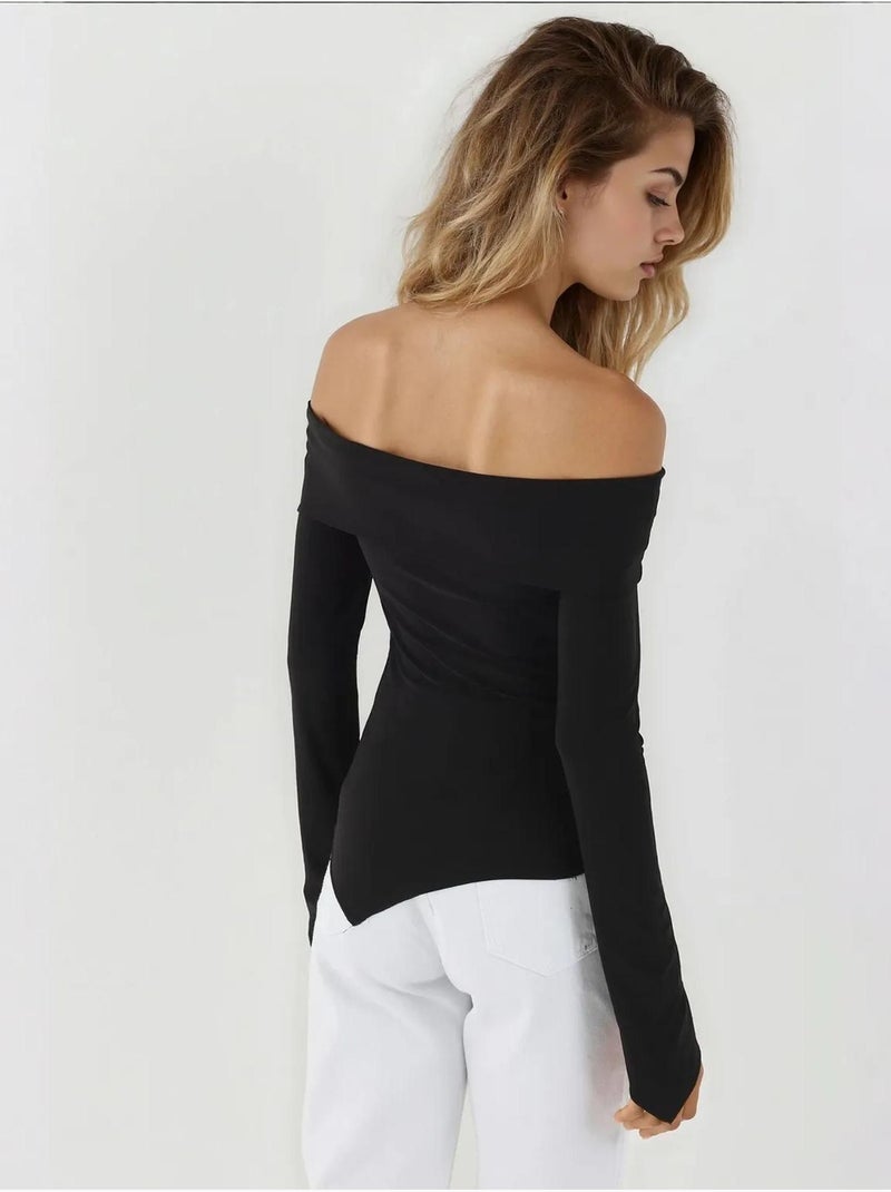 Elegante top ajustado de manga larga con cuello barco Negro - Kiabi