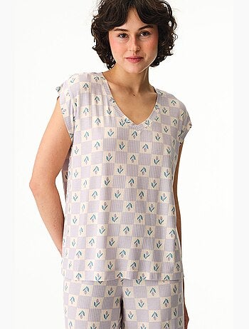 Ella estampado de cuadro vichy, camiseta de manga corta, top de pijama penti
