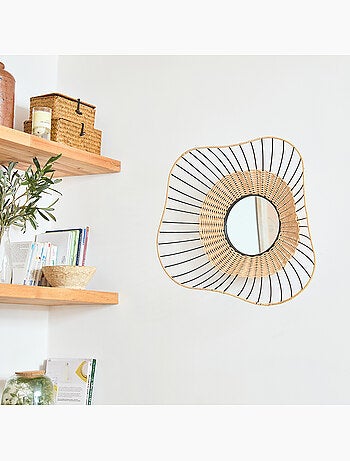 Espejo de pared redondo 'Java' con marco de ratán y metal negro FSC 55 cm – Future Home