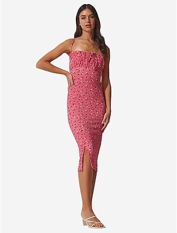 Estambul vestido midi ajustado con estampado floral y abertura istanbul