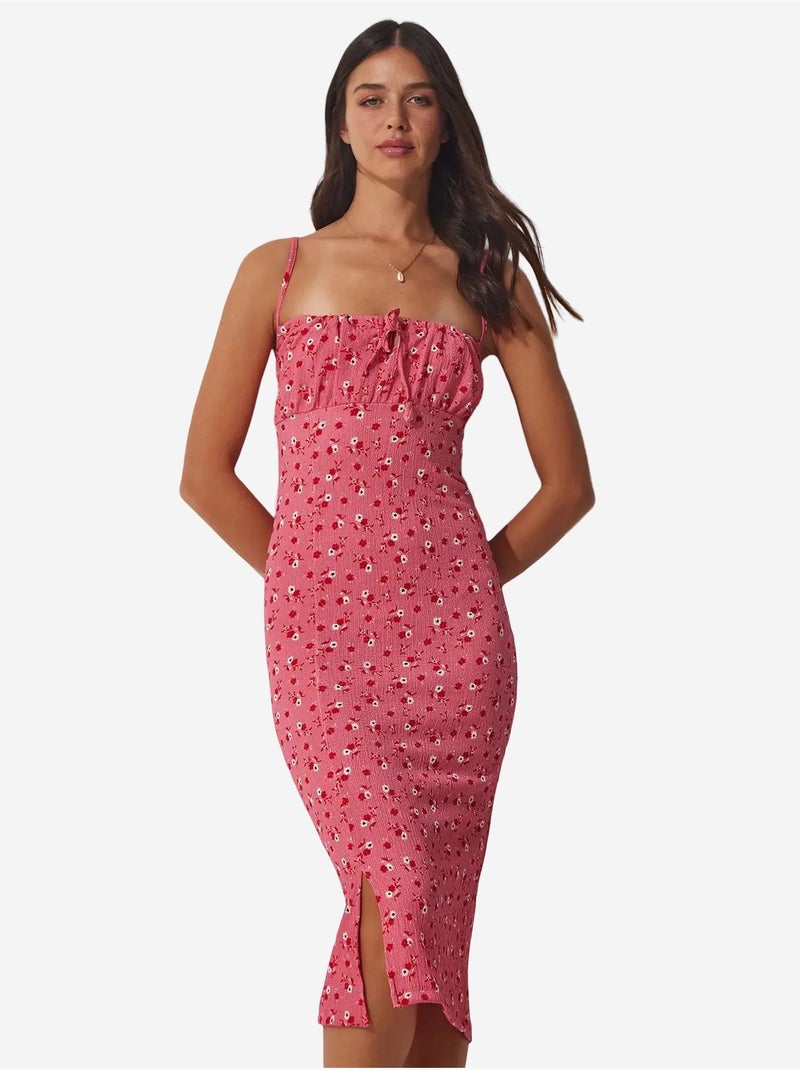 Estambul vestido midi ajustado con estampado floral y abertura istanbul Rosa claro - Kiabi