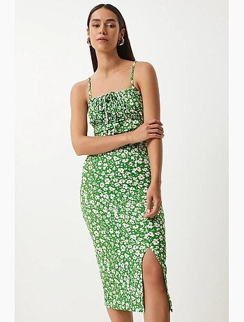 Estambul vestido midi ajustado con estampado floral y abertura istanbul