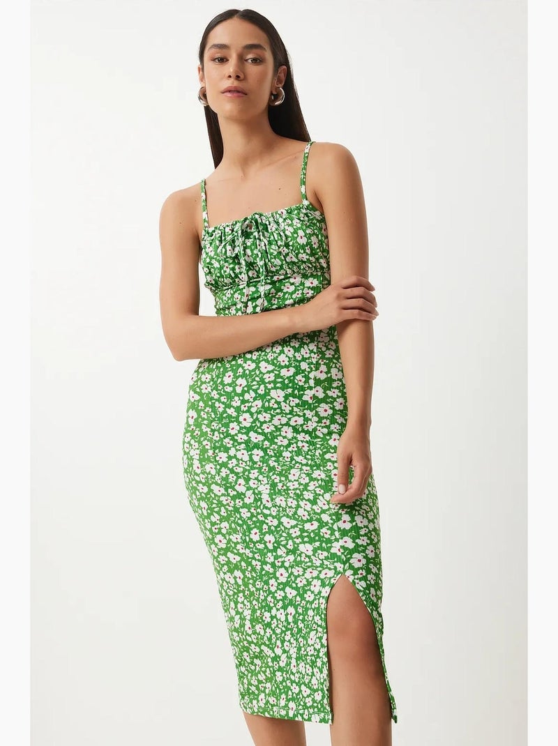 Estambul vestido midi ajustado con estampado floral y abertura istanbul Verde anís - Kiabi