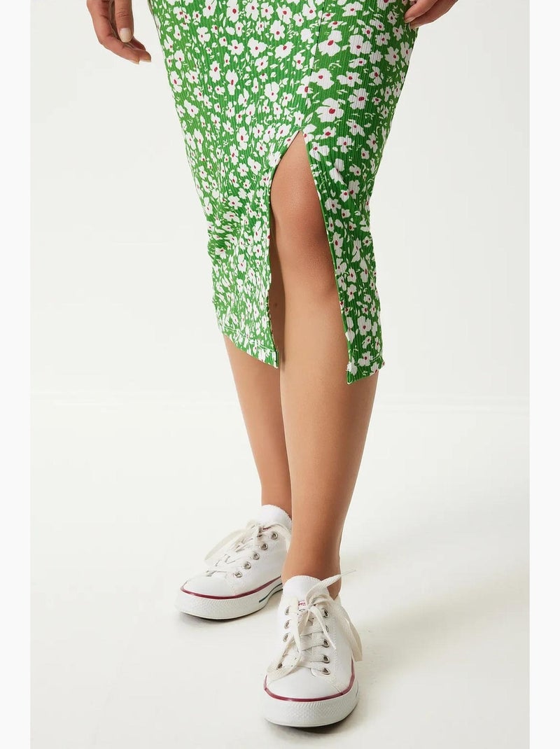 Estambul vestido midi ajustado con estampado floral y abertura istanbul Verde anís - Kiabi