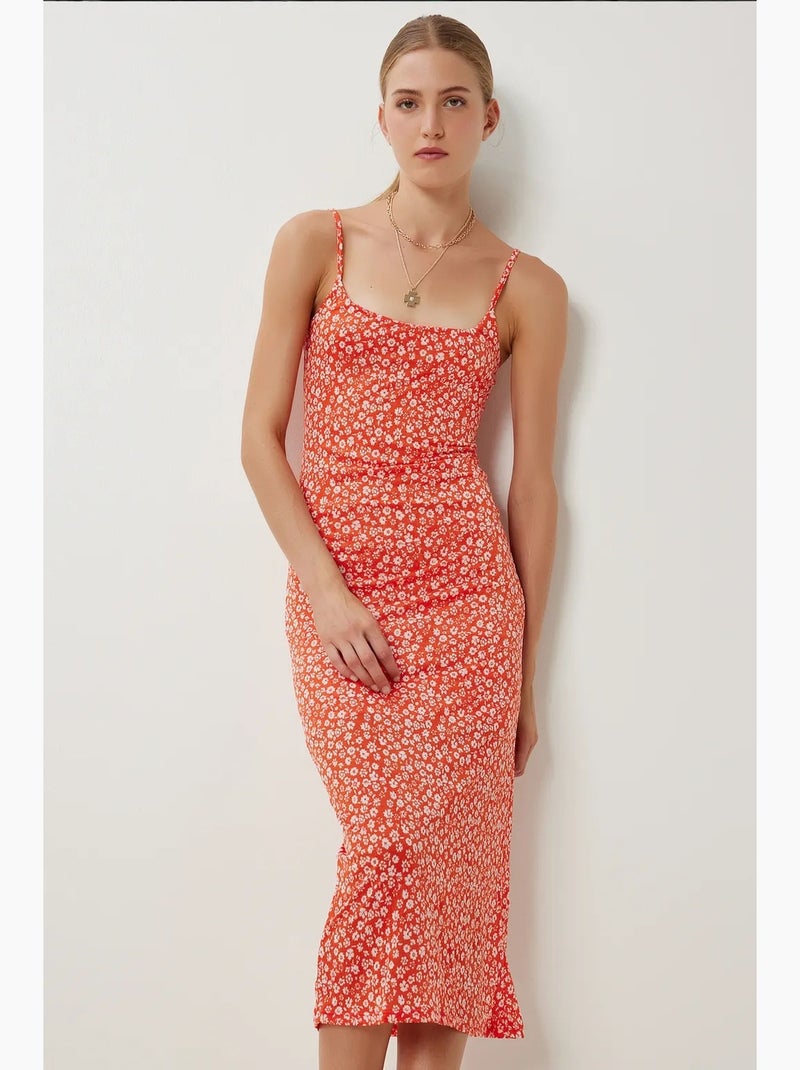 Estambul vestido midi floral sin mangas con cuello cuadrado istanbul Naranja mandarina - Kiabi